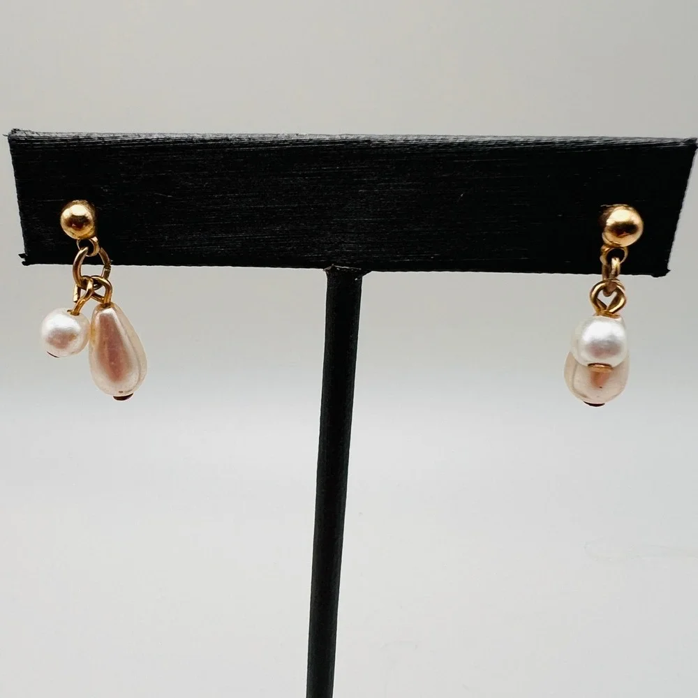 Faux Pearl Dangle Earrings Teardrop Cluster Drop Post Pierced Gold Tone Classic